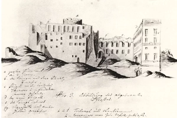 The remains of the Tre Kronor Castle after the Castle Fire of 1697, the Northern wing still stands (to the right in the picture). (Public domain)