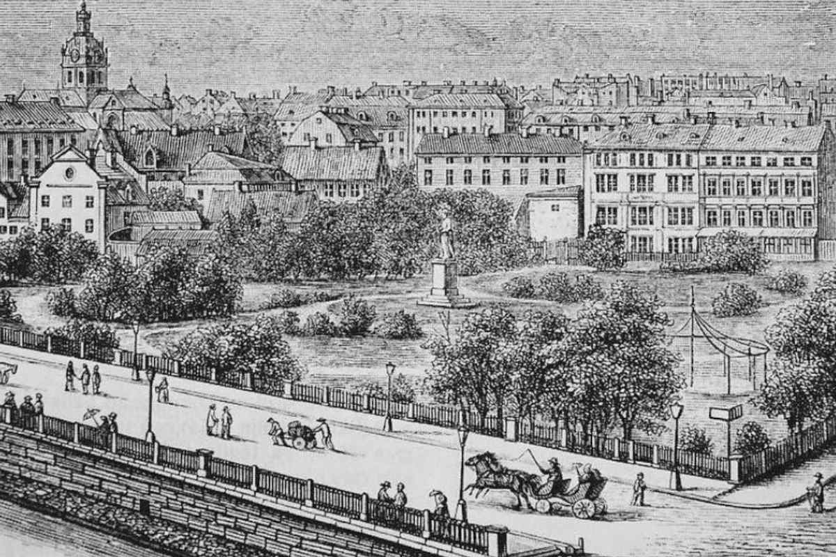 Nybron and Berzelii park. Illustration from the 1850s. (Public domain).