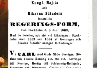 King Carl XIII, the opening lines of the 1809 Constitution, and one of its principal authors, Hans Järta. Photo: Public domain/collage