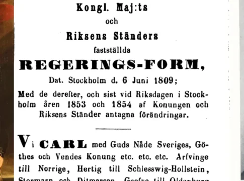 King Carl XIII, the opening lines of the 1809 Constitution, and one of its principal authors, Hans Järta. Photo: Public domain/collage