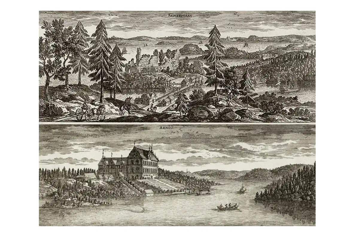 Copper engraving from 1670. The lower image shows the fortress, and the upper one shows the fortress in ruins. By Adam Perelle (Public domain)