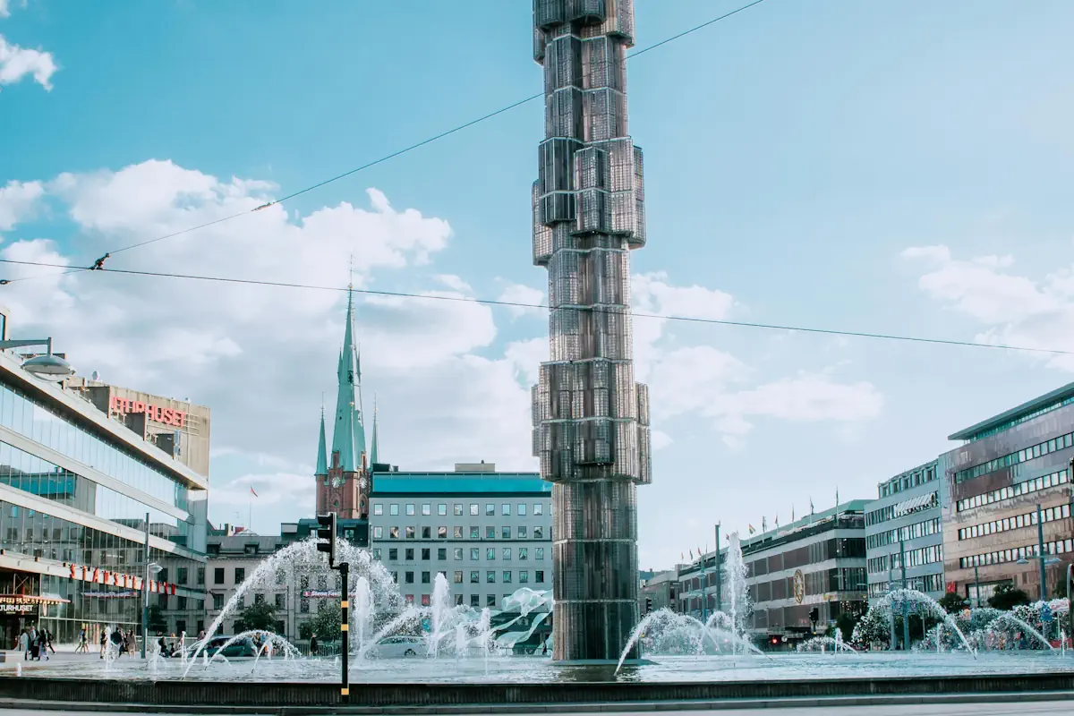 Fountain at Sergels torg, central Stockholm—with Klara Church in the background.