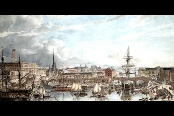 Swedish warships on the Stockholm Stream in Stockholm are being equipped for an attack against Russia, 1788. Watercolor by Louis Jean Desprez. Photo: Public domain