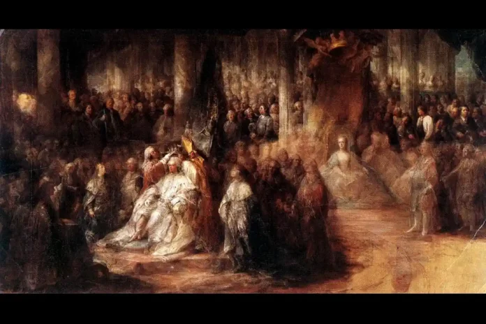 Gustav III's coronation in 1772 at the Storkyrkan in Stockholm. Oil painting by Carl Gustaf Pilo. Photo: Nationalmuseum (Public domain)