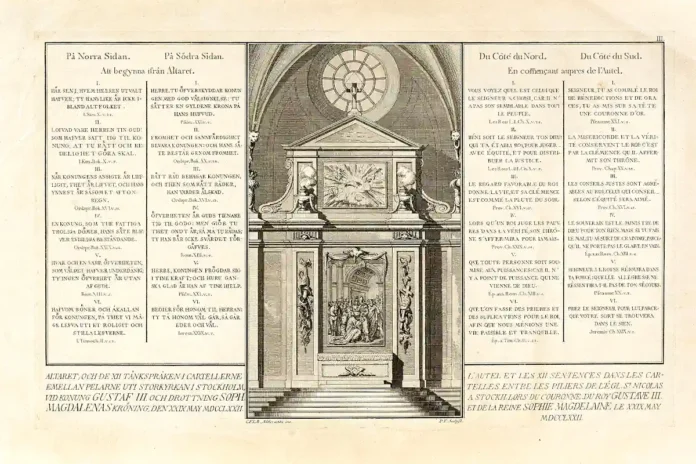 The maxims (aphorisms) that were displayed in the Storkyrkan during the 1772 coronation, along with the construction of the altar. Photo: Public domain