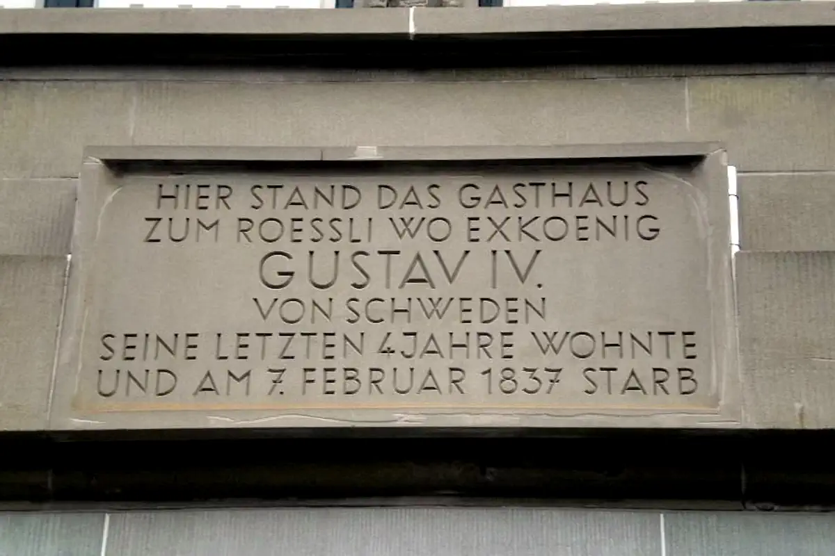 Commemorative plaque in St. Gallen marking the house where Gustav IV Adolf died in 1837. Photo: Jacob Truedson Demitz for Ristesson (Public Domain)