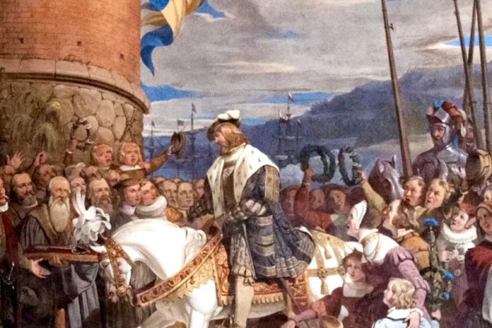 Artwork depicting Gustav Vasa's entry into Stockholm in 1523. Painting by Johan Gustaf Sandberg, Uppsala Cathedral (Photo: Szilas/Public domain).