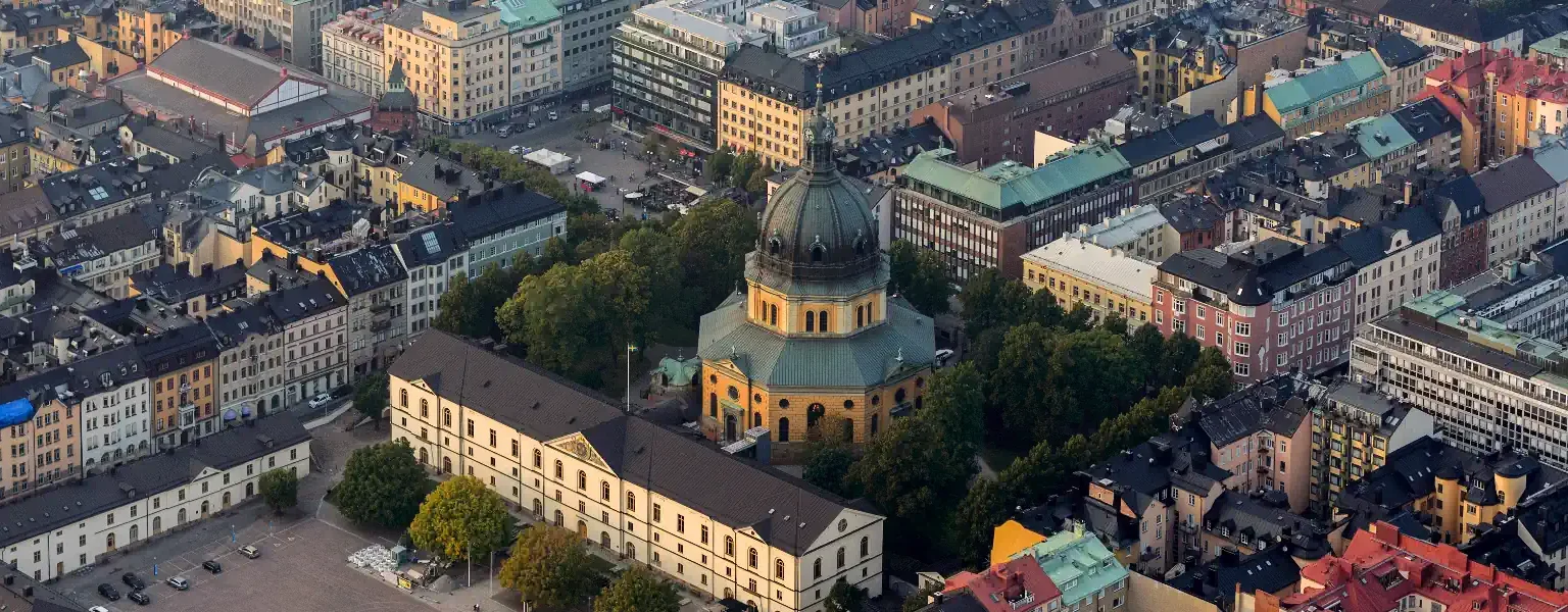 Aerial view of Östermalm and the Hedvig Eleonora Church in Stockholm. Photo: Arild Vågen (CC BY-SA 4.0)