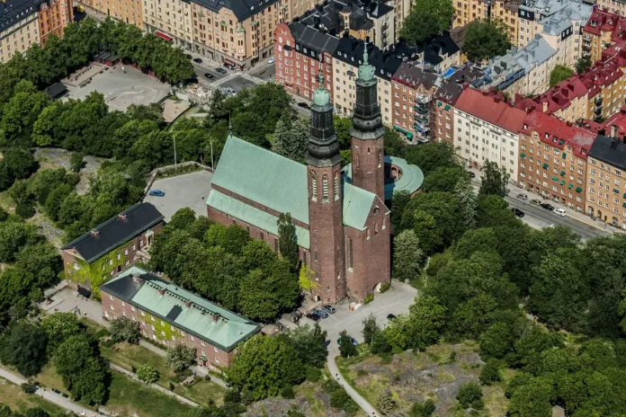 Aerial view of the Högalid Church (Högalidskyrkan) in Hornstull, Stockholm. Photo: L.G.foto (CC BY-SA 4.0)
