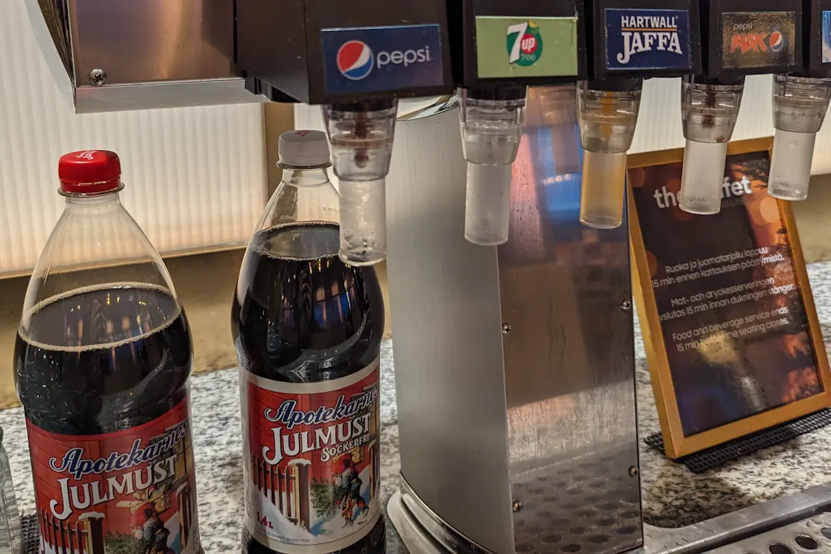 Julmust is a must‑have in December. Here it is served at a beverage station on a ferry between Sweden and Åland.