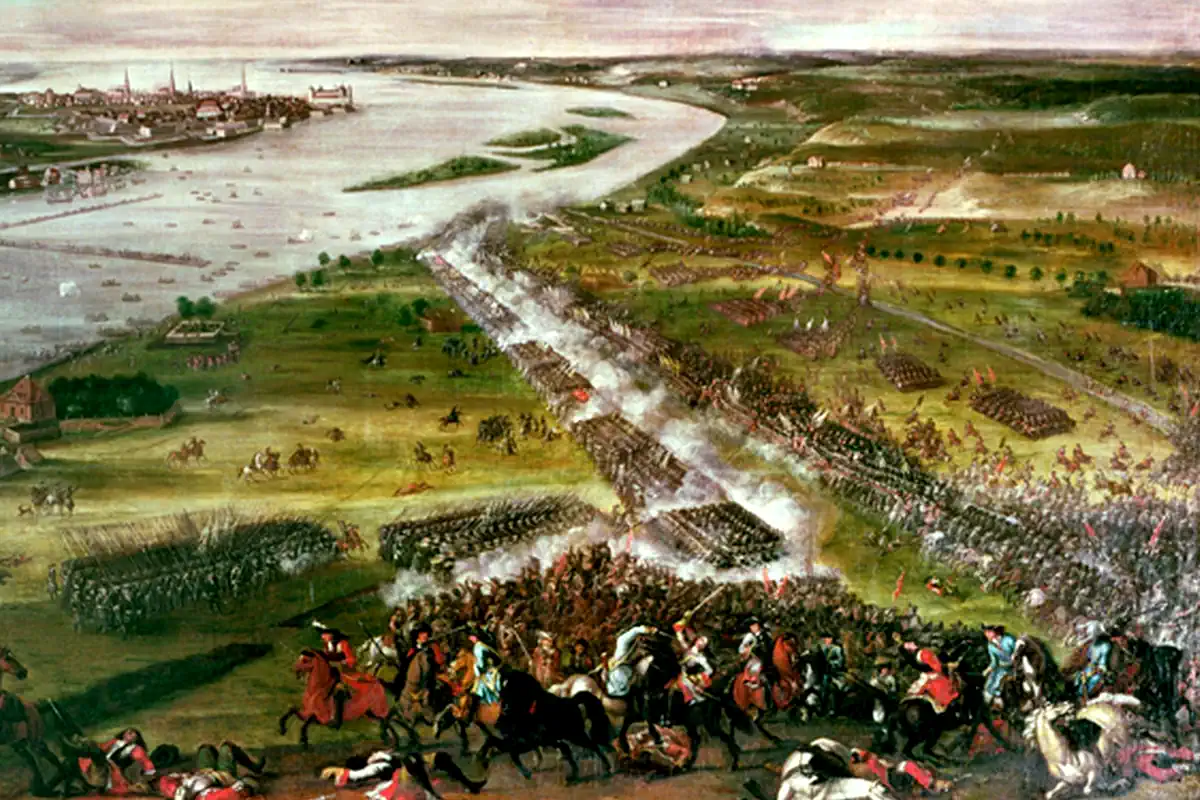 Painting from 1707 by Daniel Stawert depicting the Battle of the Düna in 1701, fought between Karl XII and a Saxon‑Russian army. Photo: Public domain