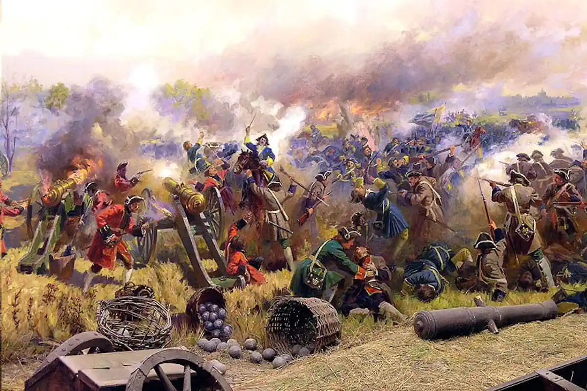 Detail of Diorama of Battle of Poltava, depicting Russian field artillery firing against Swedish dragoons. From the Battle of Poltava History Museum. Photo: Unknown author (CC BY-SA 4.0)