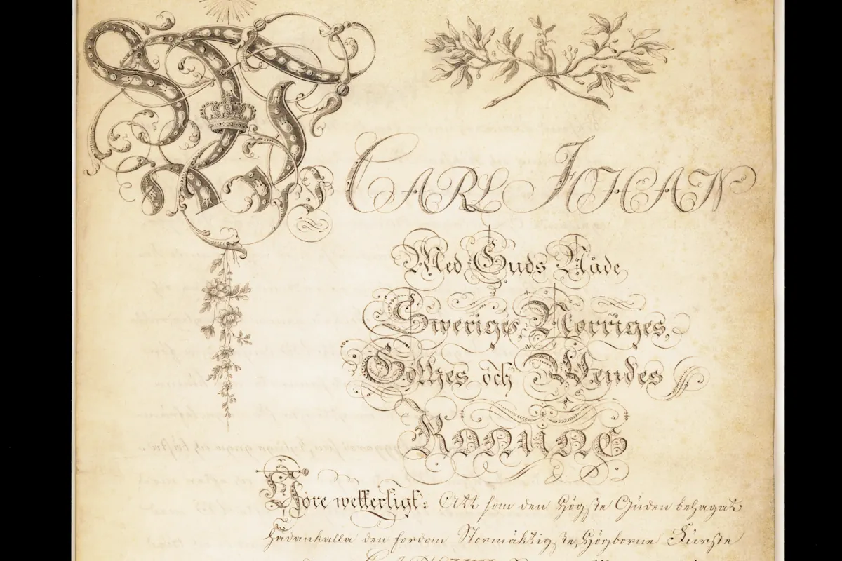 Excerpt from Karl XIV Johan’s royal assurance (konungaförsäkran). Photo: Riksarkivet (Public domain)