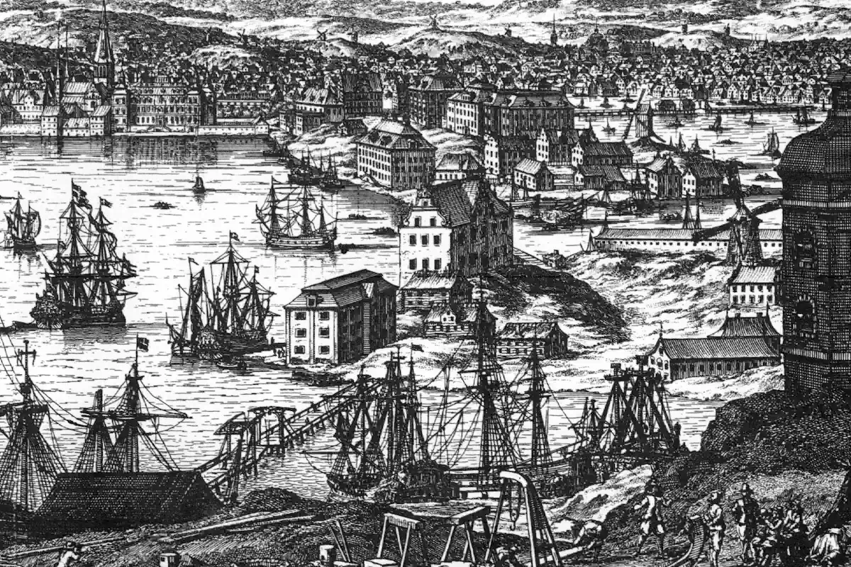 Detail from Svecia Antiqua et Hodierna from around 1670–90, that is, the period of Grå Ulven’s presumed sinking. View from Kastellholmen toward Skeppsholmen. The wreck lies approximately by the bridge at the lower left. Soure: Public domain