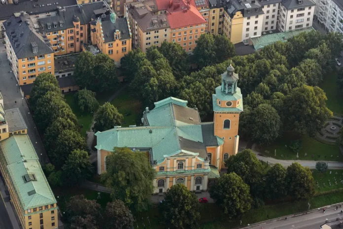 Aerial view of Maria Magdalena Church in Stockholm. Photo: Arild Vågen (CC BY-SA 4.0)
