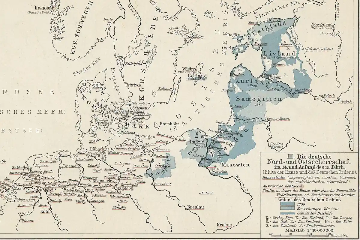 The Hanseatic League during the 14th century and early 15th century. Cities affiliated with the Hanseatic League are underlined in red. (Public domain)