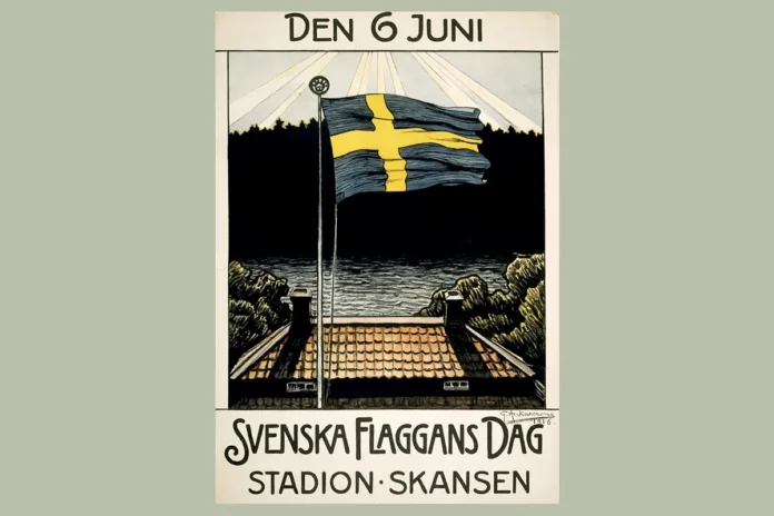 Swedish Flag Day (now National Day) on June 6, 1916. Poster created by Gustaf Ankarcrona. (Public domain)