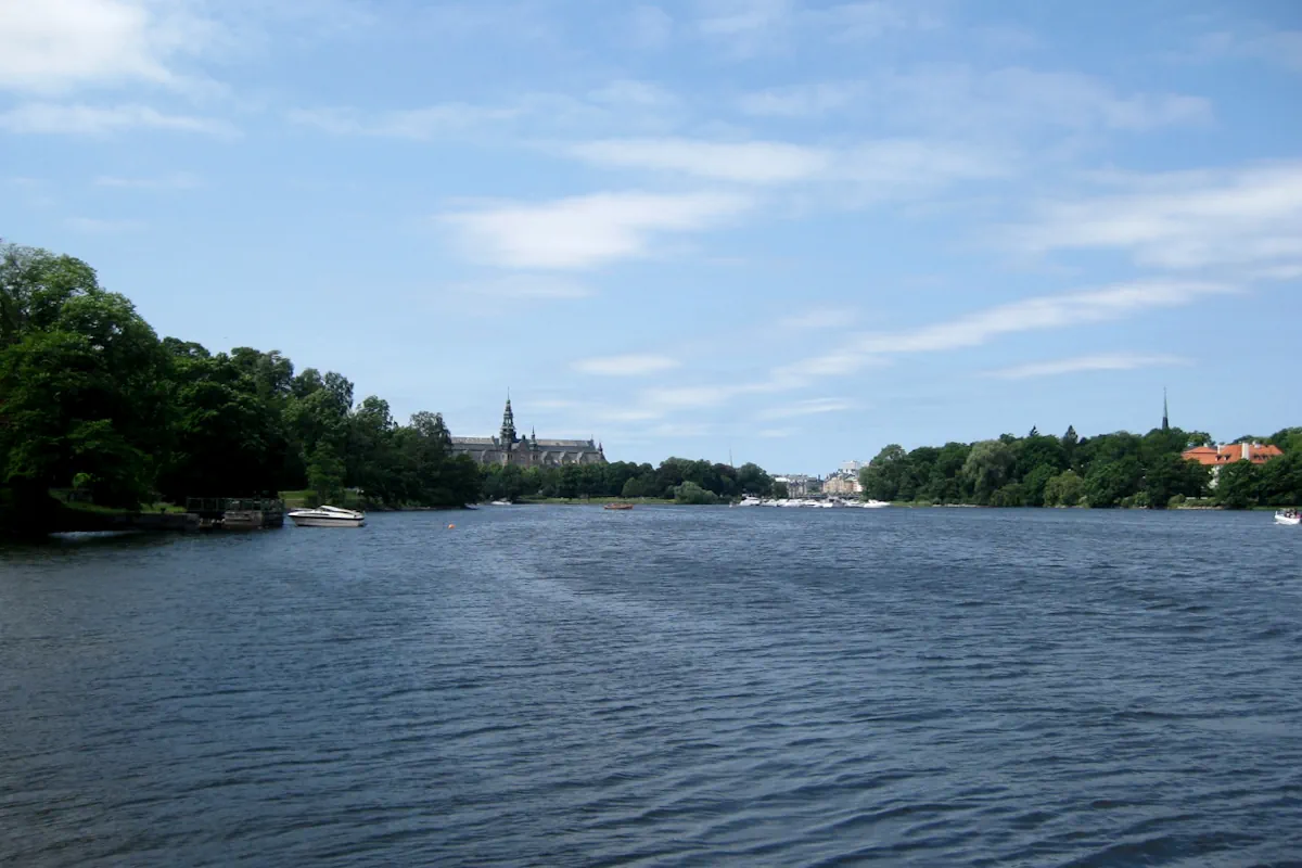 View with Djurgården to the left and the Nordic Museum in the background.