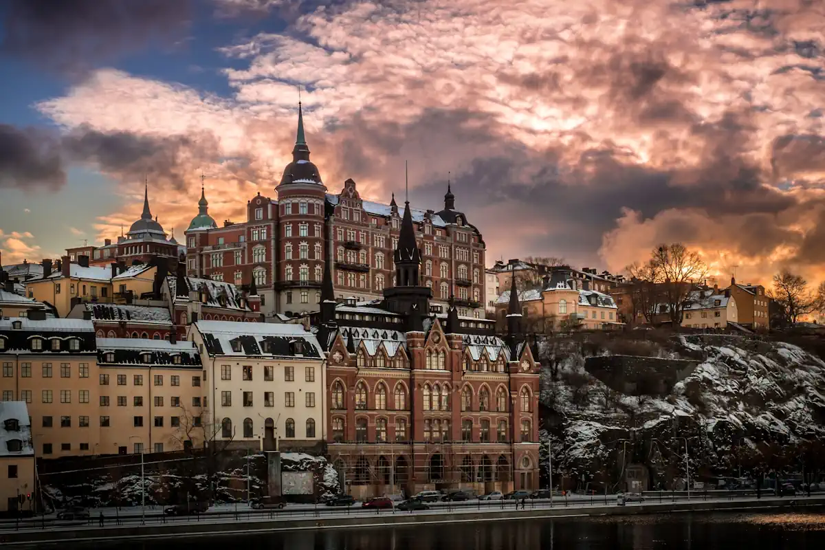 View of Mariaberget from Slussen on Södermalm, with its historic hillside homes above the waterfront.