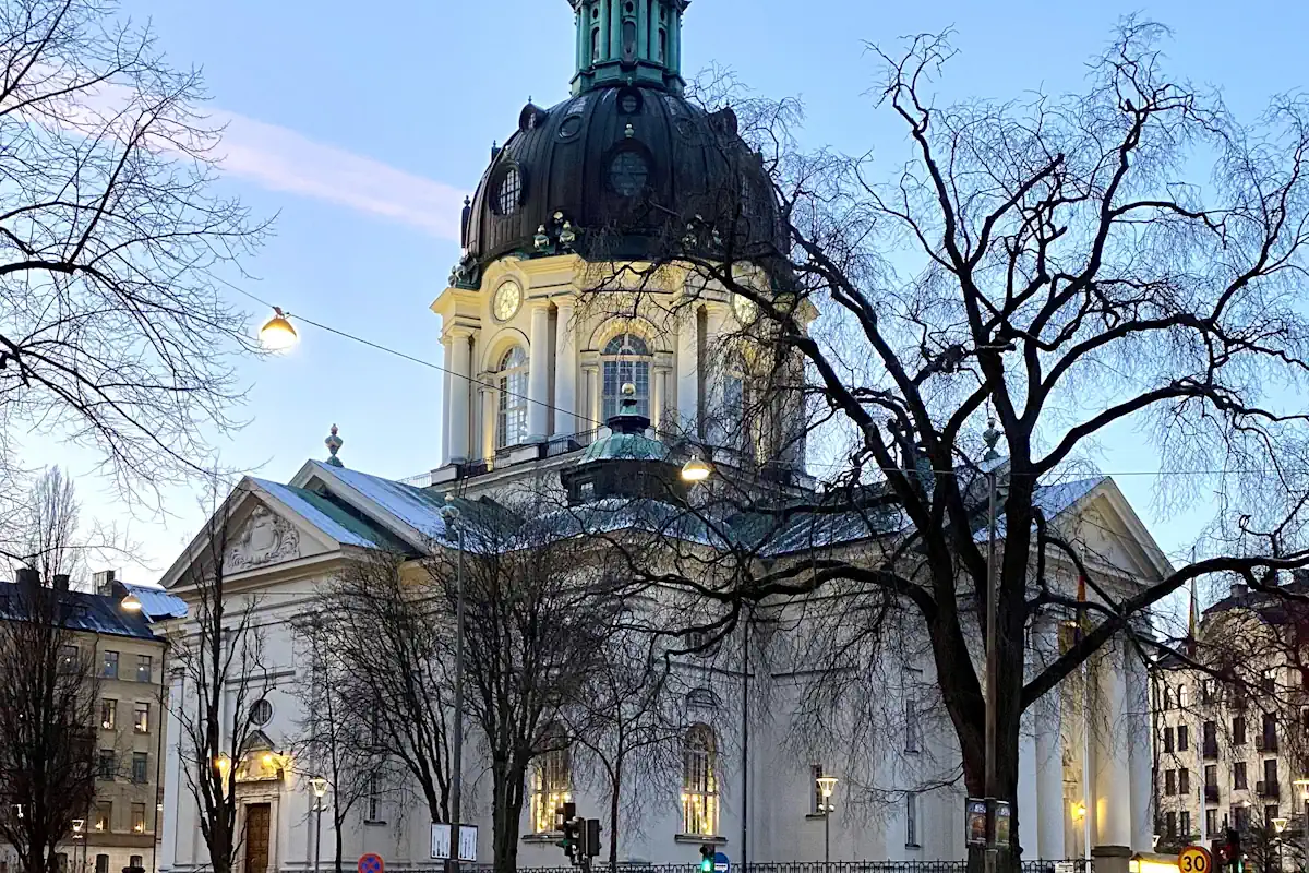 The monumental Gustav Vasa Church dominates Odenplan in the Vasastan district of Stockholm.