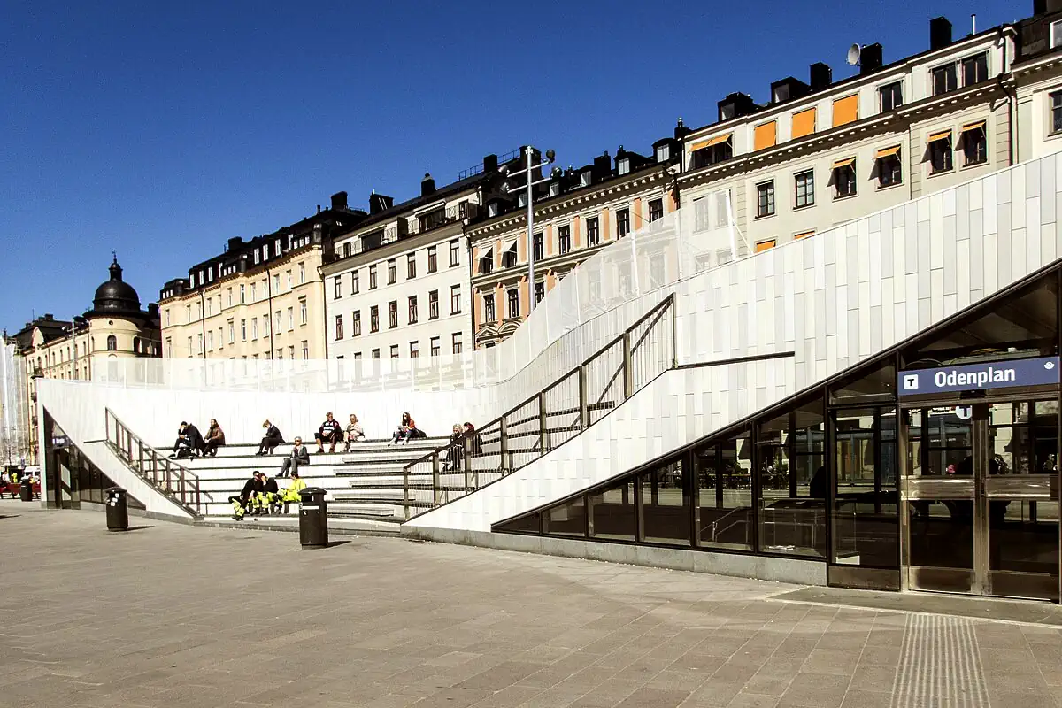 Odenplan, a central hub in Vasastan, with entrances to commuter rail and metro.