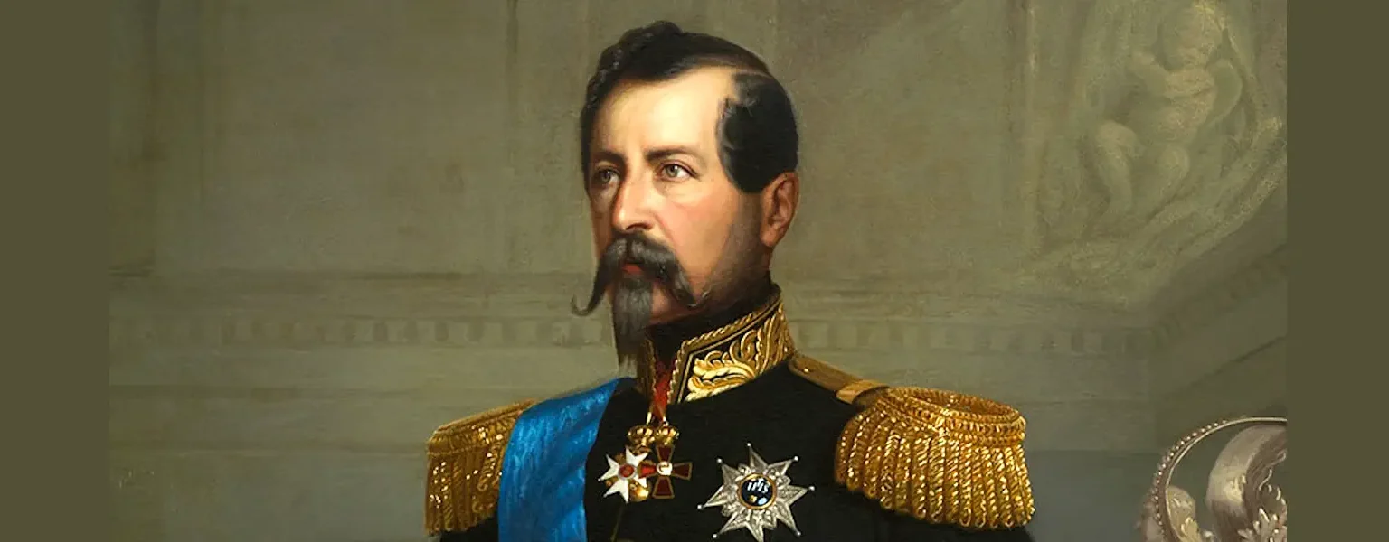 King Oscar I in formal military uniform with medals and a blue sash, painted by Arvid Gottfried Virgin. Photo: Public domain