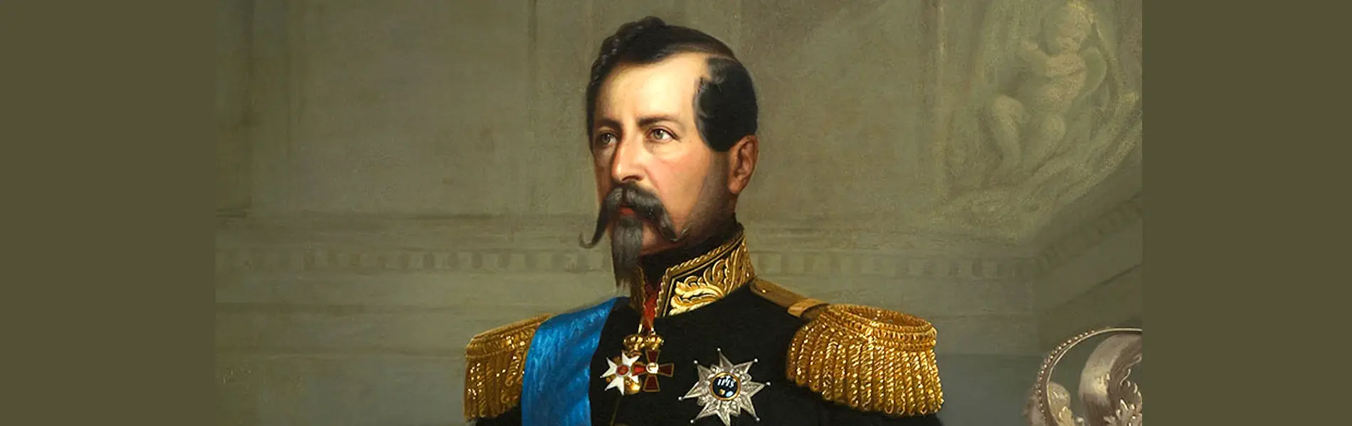 King Oscar I in formal military uniform with medals and a blue sash, painted by Arvid Gottfried Virgin. Photo: Public domain
