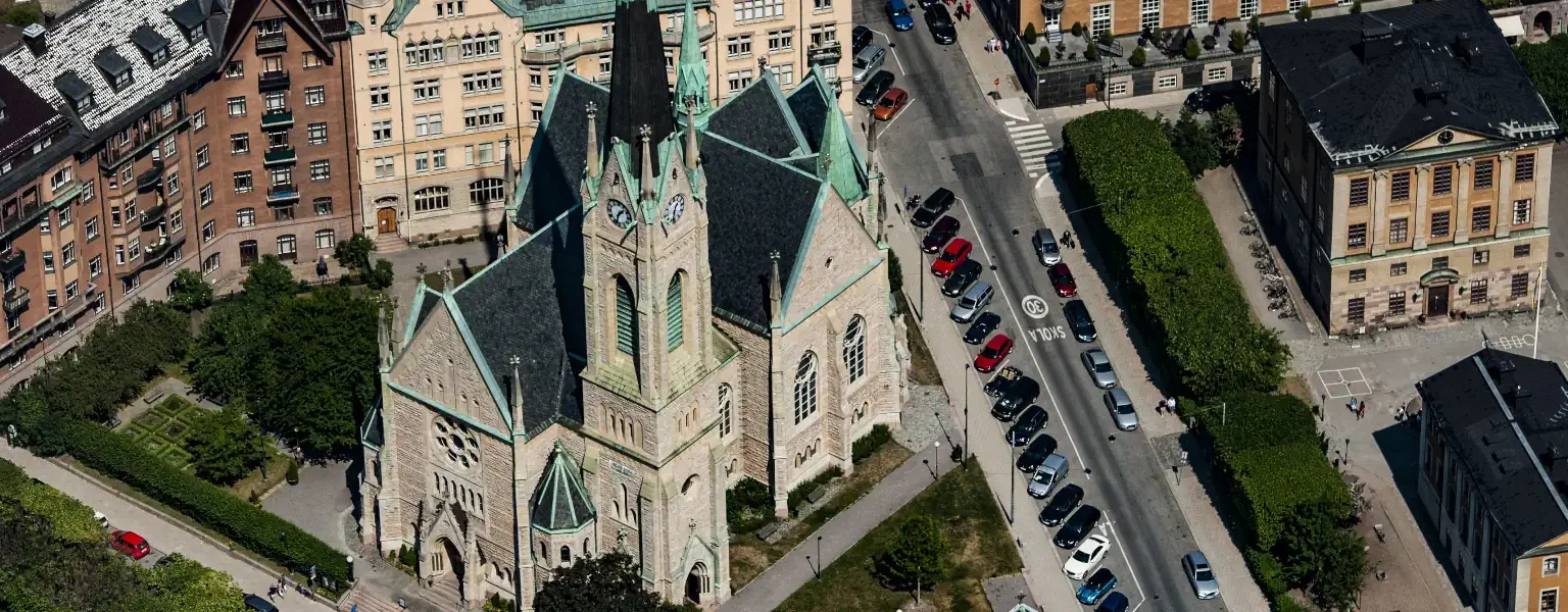 Aerial view of Oscarskyrkan in Östermalm, Stockholm. Photo: L.G.foto (CC BY-SA 4.0=