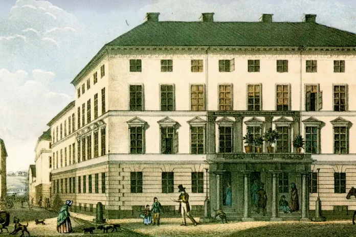 The Post Office at Lilla Nygatan 6, now the Postal Museum, after a lithograph from the 1840s by Ferdinand Tollin (1807-1860). Public domain.