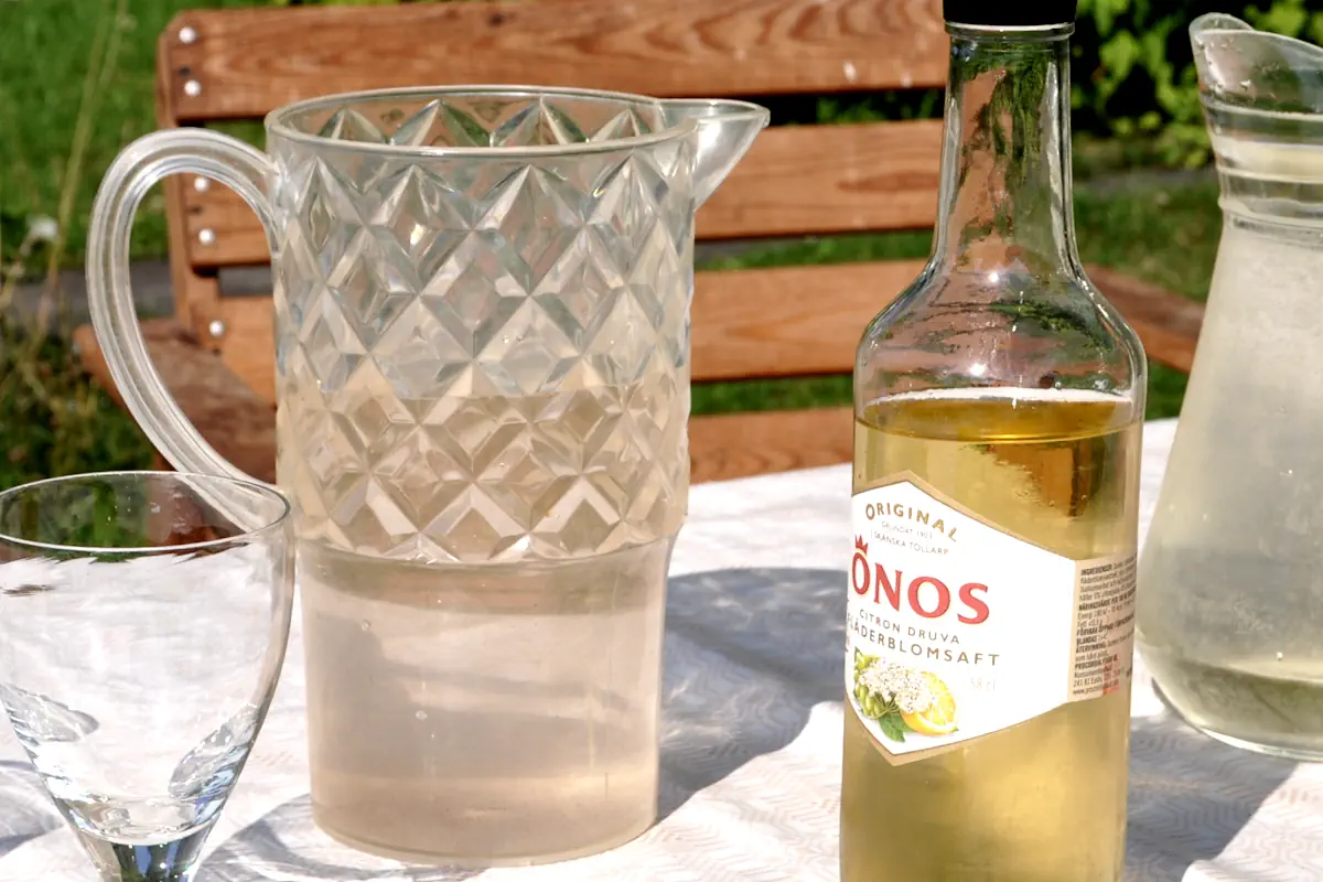 A pitcher of Swedish elderflower cordial, prepared to be savored on a summer day.