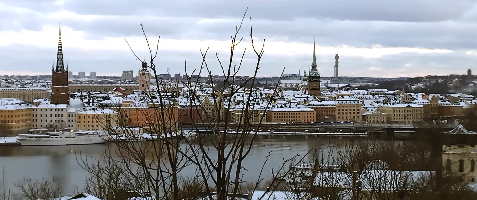 View toward Gamla Stan from Skinnarviksberget. From the left we see Riddarholmen Church, Storkyrkan, and the German Church.