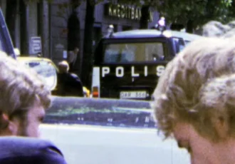 Image from the robbery at Norrmalmstorg, 1973. Source: TV broadcast from Sveriges Television.