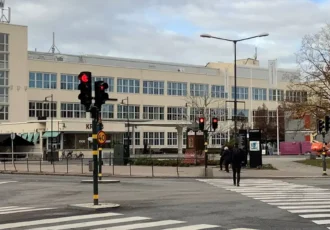 Telefonplan in southern Stockholm, view from the metro toward the former Ericsson factory complex. Photo: Sinikka Halme (CC BY-SA 4.0)