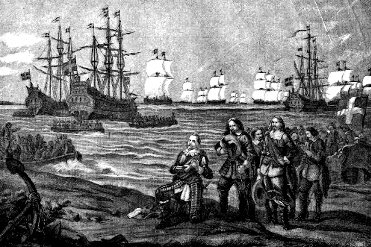 Gustav II Adolf lands in Germany in 1630. From Anders Fryxell's "Svensk historia." (Public domain)