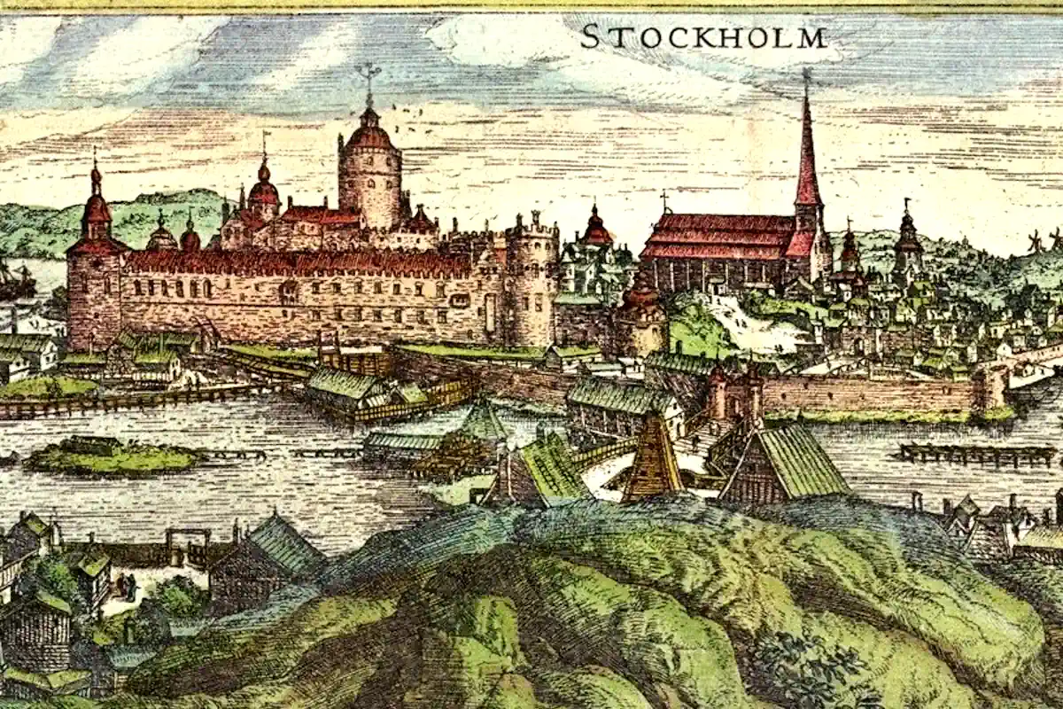 The castle Tre Kronor from the north in the 1570s, from the Stockholm views in Civitates orbis terrarum. Engraving by Frans Hogenberg. (Public domain)
