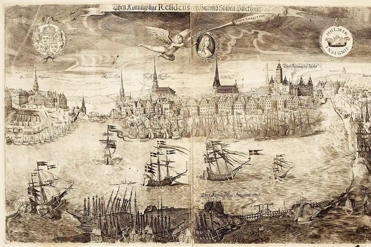 The Tre Kronor castle is visible in the background at the upper right. Copper engraving made for Queen Christina’s coronation in 1650. View from the east. (Public domain)