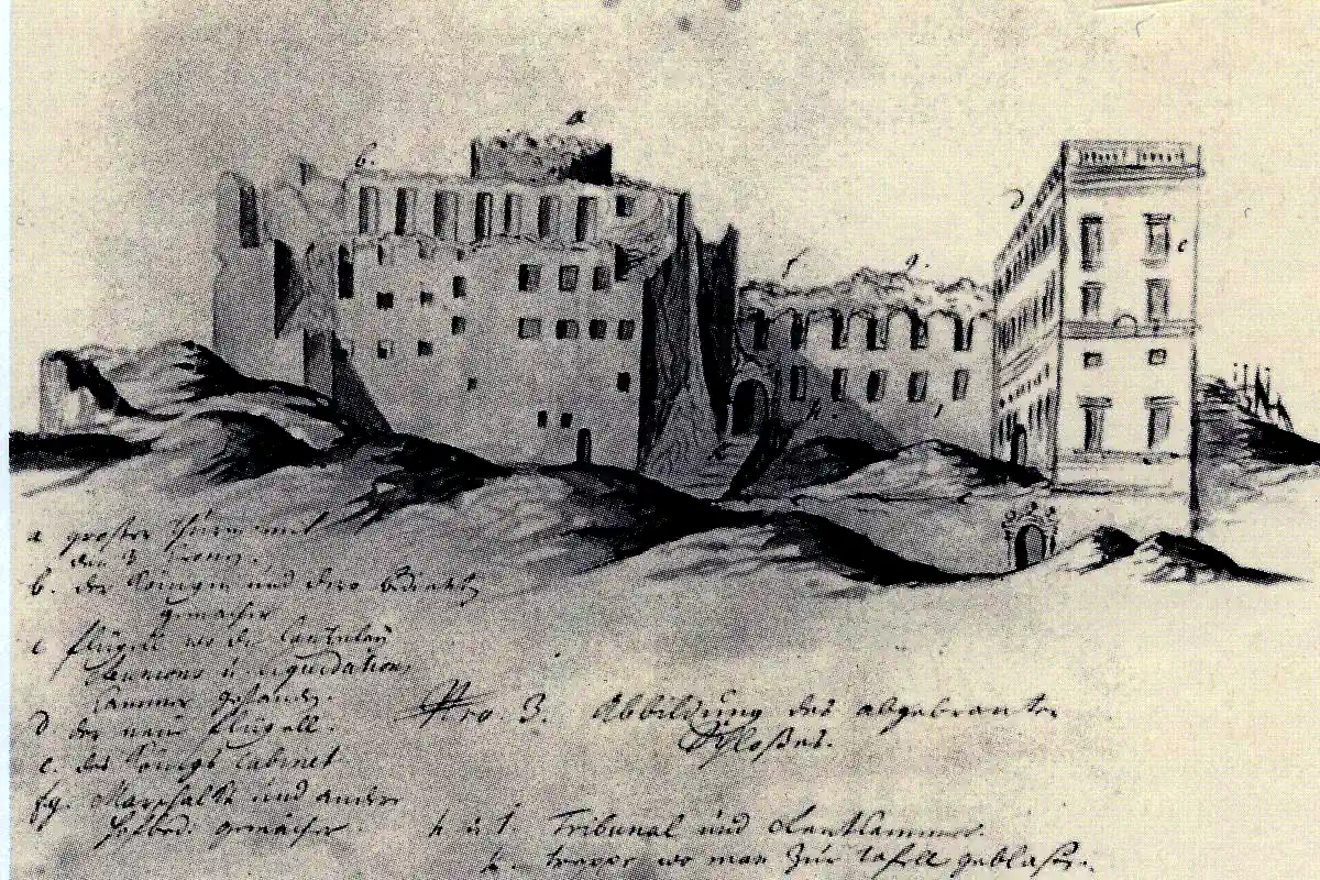 The Tre Kronor castle in Stockholm after the 1697 fire. View from the east. (Public domain)