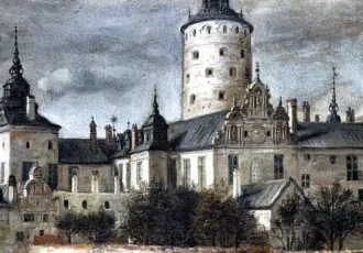 Tre Kronor from Slottsbacken, oil painting from 1661 by Govert Camphuysen. Photo: Stadsmuseet i Stockholm (Public domain)