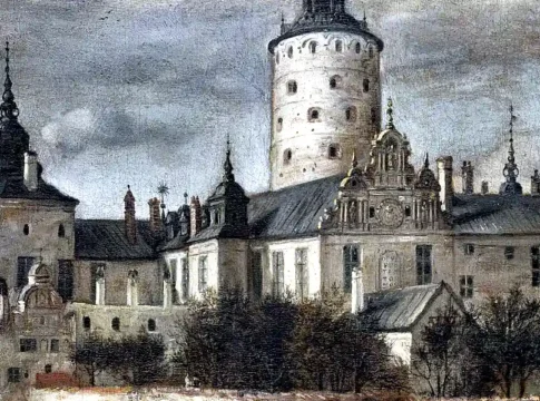 Tre Kronor from Slottsbacken, oil painting from 1661 by Govert Camphuysen. Photo: Stadsmuseet i Stockholm (Public domain)