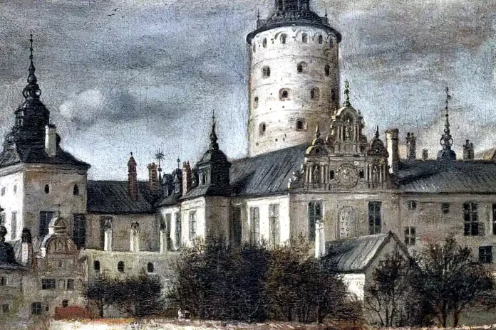 Tre Kronor from Slottsbacken, oil painting from 1661 by Govert Camphuysen. Photo: Stadsmuseet i Stockholm (Public domain)