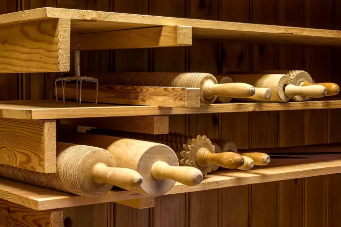 Here you see a set of rolling pins and other tools for baking tunnbröd. Photo: Calle Eklund/V-wolf (CC BY-SA 3.0)