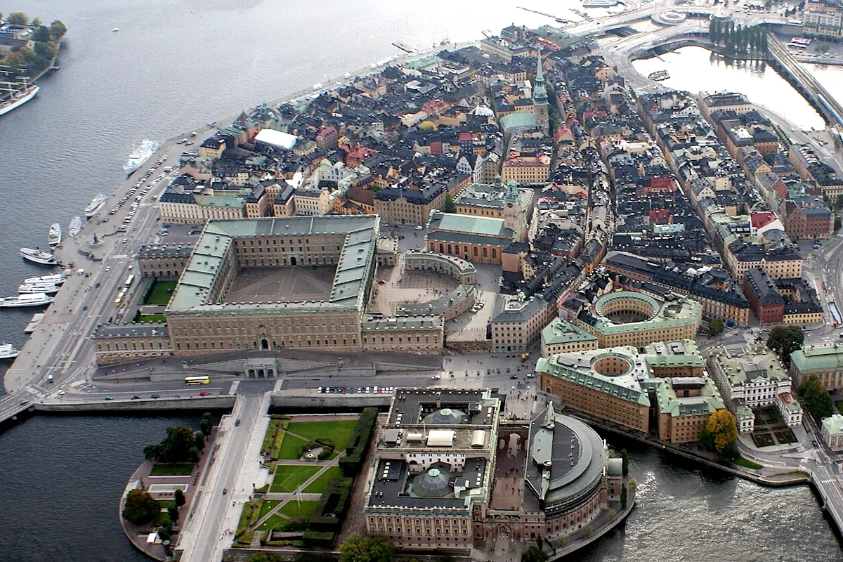 Gamla Stan and Helgeandsholmen in Stockholm, looking south with Slussen in the background.